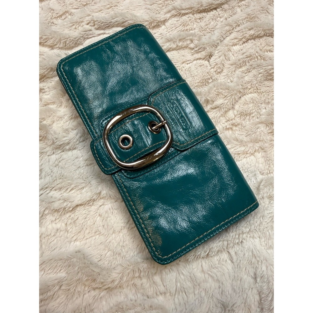 Y2K Coach Turquoise Leather Oversized Buckle Clutch 2000s Wallet Mcbling Glam